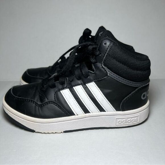 ADIDAS Hoops Mid Basketball Sneakers Kid Sz 1 Black Faux Leather Athletic Shoes - Picture 3 of 11